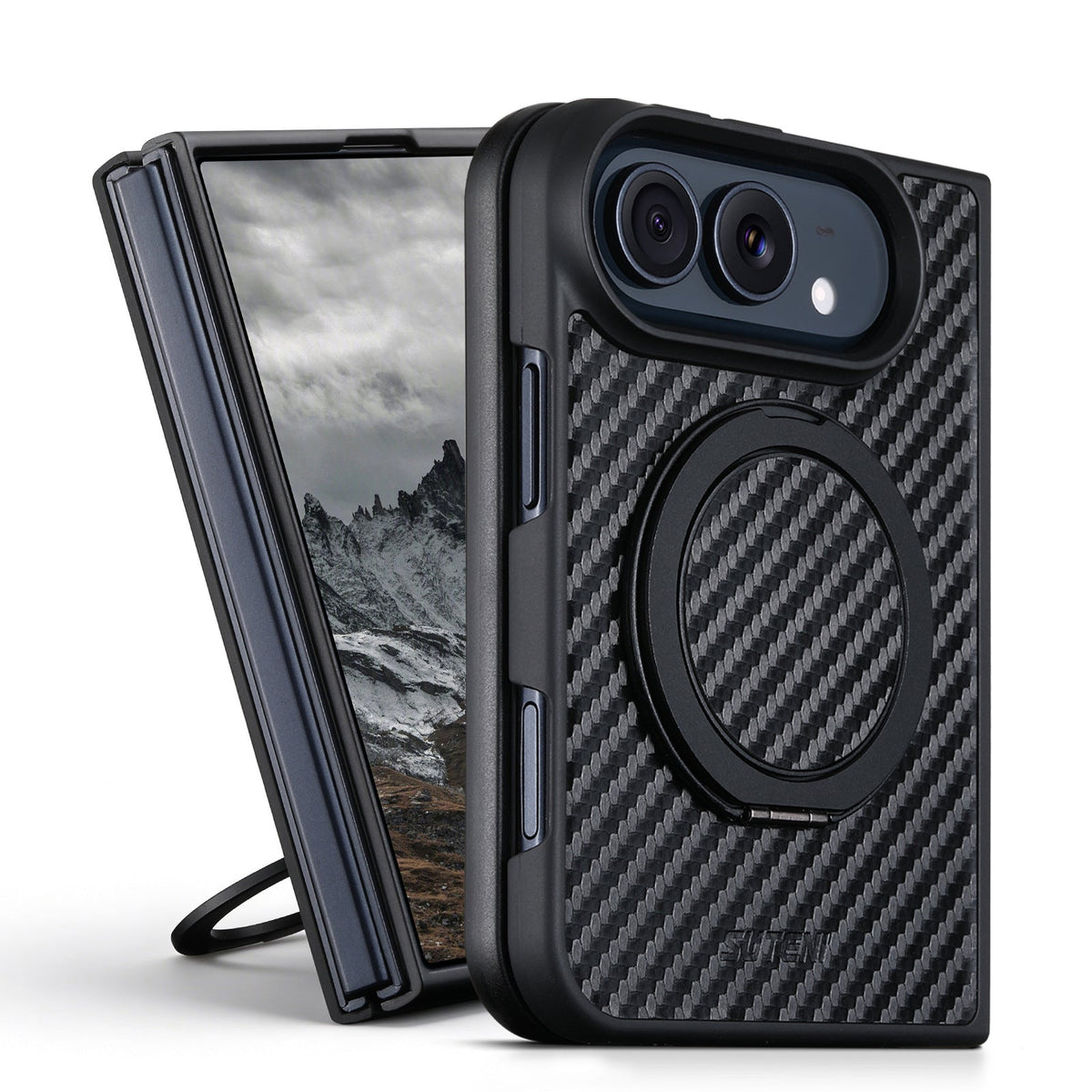 ZEERA FoldMatrix Pro Case for iPhone Duo: Bold Weave Carbon Fiber-Style PC MagSafe Case with 360° Rotating Kickstand