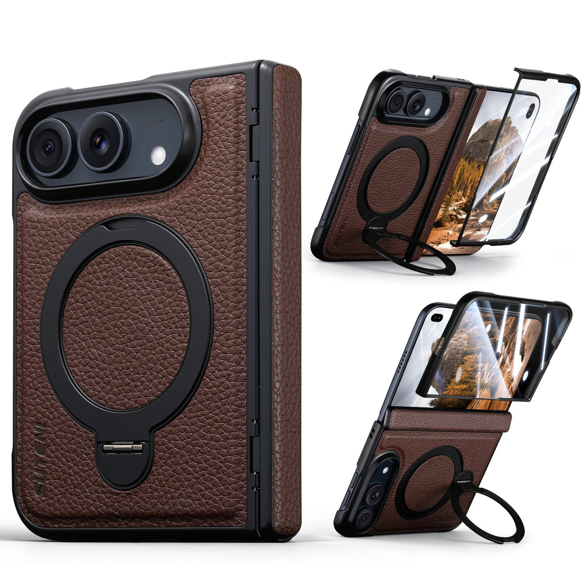 ZEERA FoldGrain Pro Case for iPhone Duo: Pebbled Leather MagSafe Case with Hinge Protection, Built-In Screen Protector & Kickstand