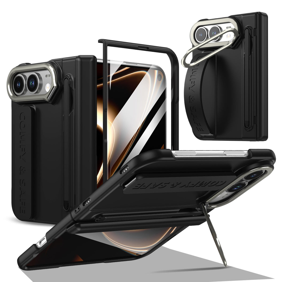 ZEERA FoldGrip Pro（iPhone DuoおよびGalaxy Z Fold8用）：カメラキックスタンド、リストストラップ、スタイラス付きヒンジケース