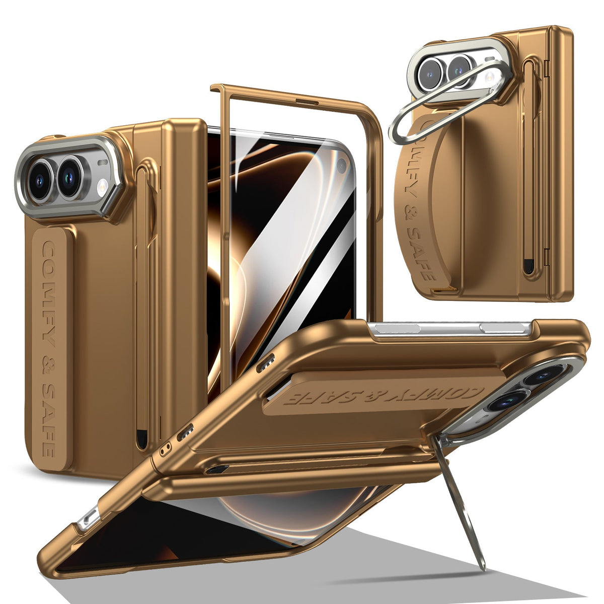 ZEERA FoldGrip Pro（iPhone DuoおよびGalaxy Z Fold8用）：カメラキックスタンド、リストストラップ、スタイラス付きヒンジケース