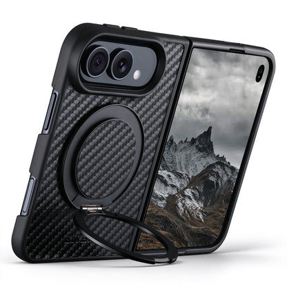 ZEERA FoldMatrix Pro Case for iPhone Duo: Bold Weave Carbon Fiber-Style PC MagSafe Case with 360° Rotating Kickstand