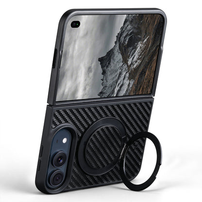 ZEERA FoldMatrix Pro Case for iPhone Duo: Bold Weave Carbon Fiber-Style PC MagSafe Case with 360° Rotating Kickstand
