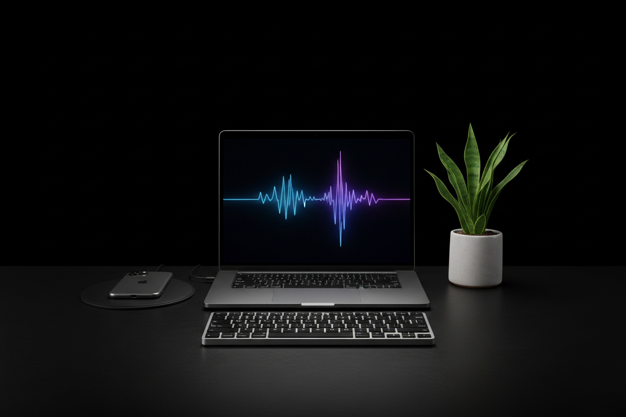 MacBook， 桌面setup，iPhone，办公，码字，绿植，黑色背景，studio拍摄质感